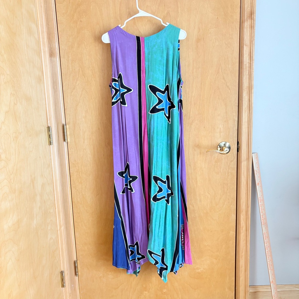 Tropical Tantrum‎ Rayon Maxi Dress OS Colorblock Star Print Handkerchief Hem - Picture 8 of 8